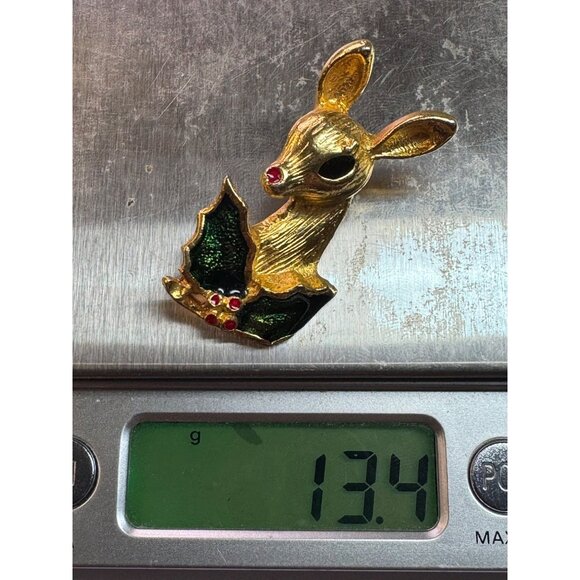 Estate Holiday Reindeer Brooch Green Enamel Red Rhinestone Gold Tone Pin 13.4g - Picture 5 of 5